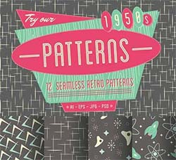 12个复古无缝拼贴图案：1950s Retro Seamless Patterns